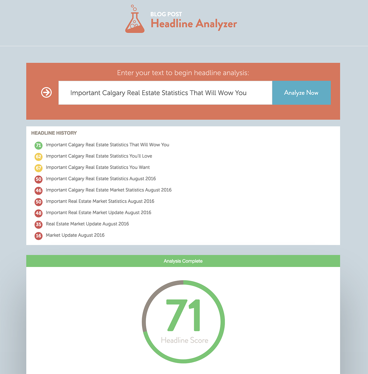 Each time you make a change to your headline and re-analyze, it tracks that change so you can track your best headlines in one place