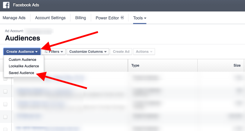 Saved Audiences: 2. Click Create Audience 3. Click Saved Audience