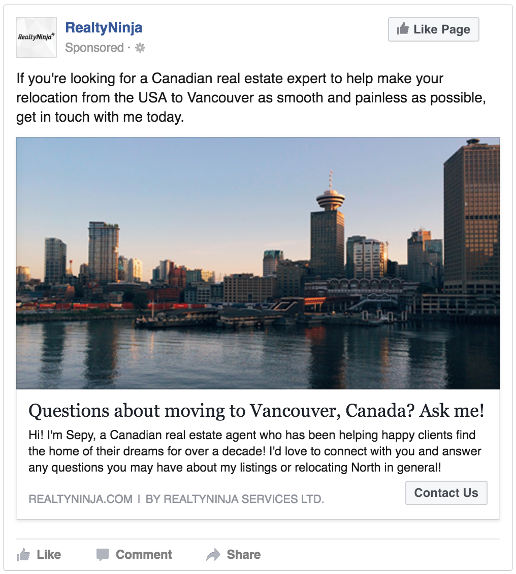 Example REALTOR® Facebook Ad Targeting Americans Moving to Canada