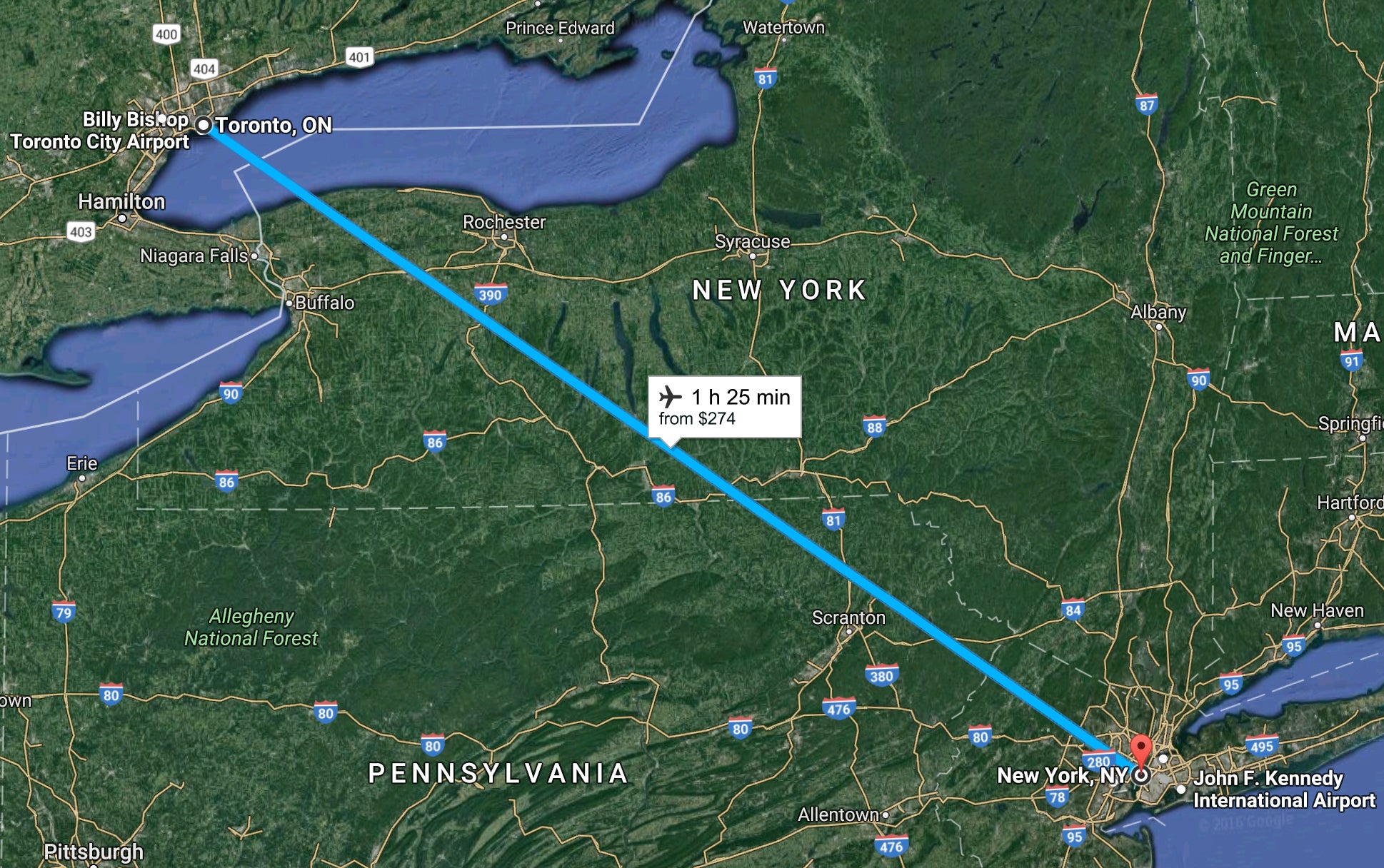 Map of New York to Toronto by Airplane